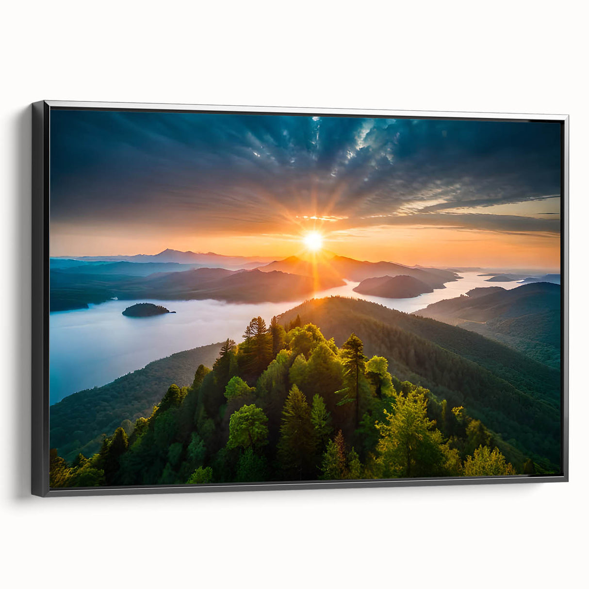 Framed wall art featuring a botanical forest design with vibrant flowers and trees, presented in a sleek black frame, perfect for nature-inspired decor.