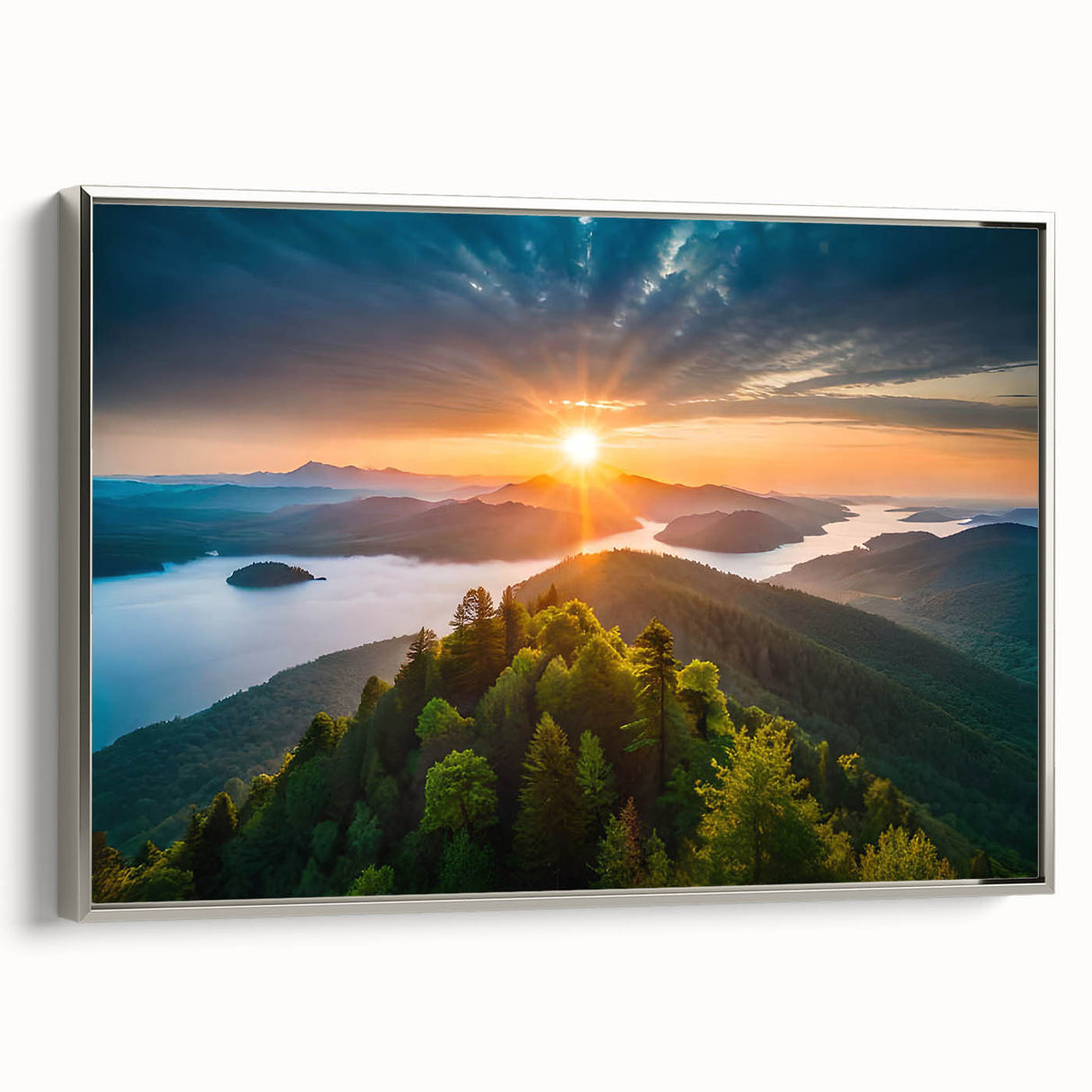 Framed wall art showcasing a botanical forest design with vibrant flowers and trees, set against a silver frame for a modern touch in home decor.