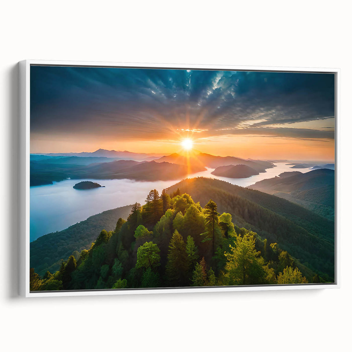 Framed canvas wall art showcasing a botanical forest scene with vibrant flowers and trees. The artwork is presented in a sleek white frame, emphasizing its natural beauty and adding elegance to any space. Ideal for nature lovers and home decor enthusiasts, this piece enhances the ambiance of living areas or offices.
