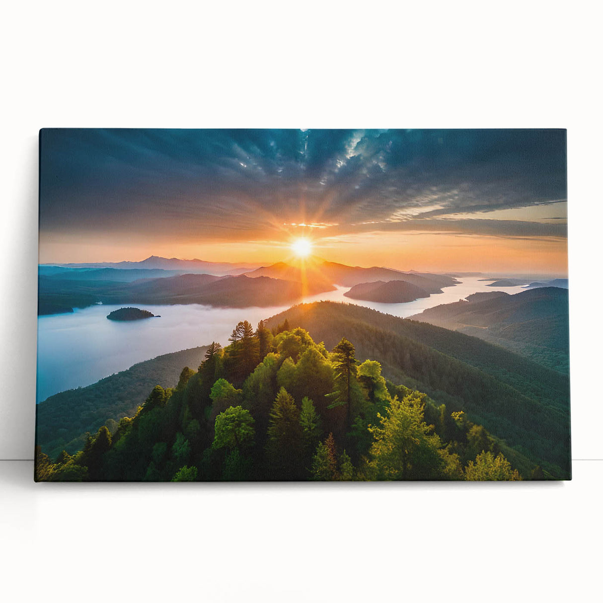 Vibrant botanical forest wall art featuring colorful flowers and trees, printed on a stretched canvas, perfect for home decor or nature-inspired interiors.