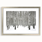 Botanical forest wall art design featuring vibrant flowers and trees, framed in silver with a mat, ideal for enhancing home decor and adding a nature-inspired touch.