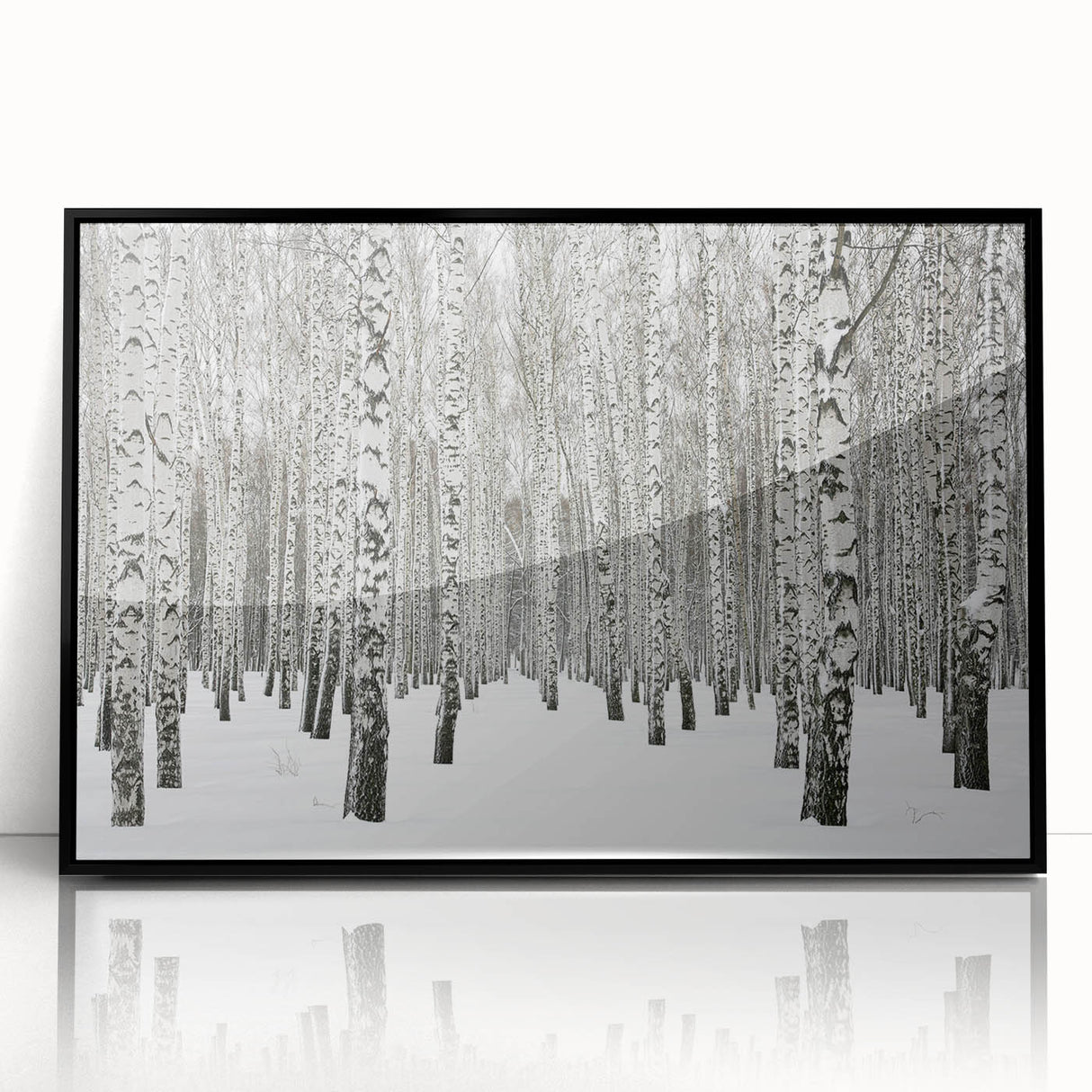 Framed wall art featuring a botanical forest design with colorful flowers and trees, presented in a sleek black frame, perfect for home decor.