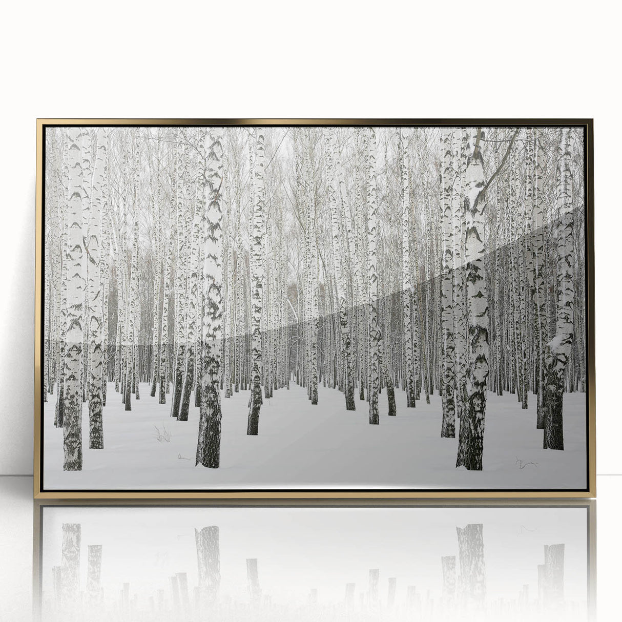 Framed wall art featuring a botanical forest design with vibrant flowers and trees, accented by a sleek gold frame, perfect for enhancing home decor.