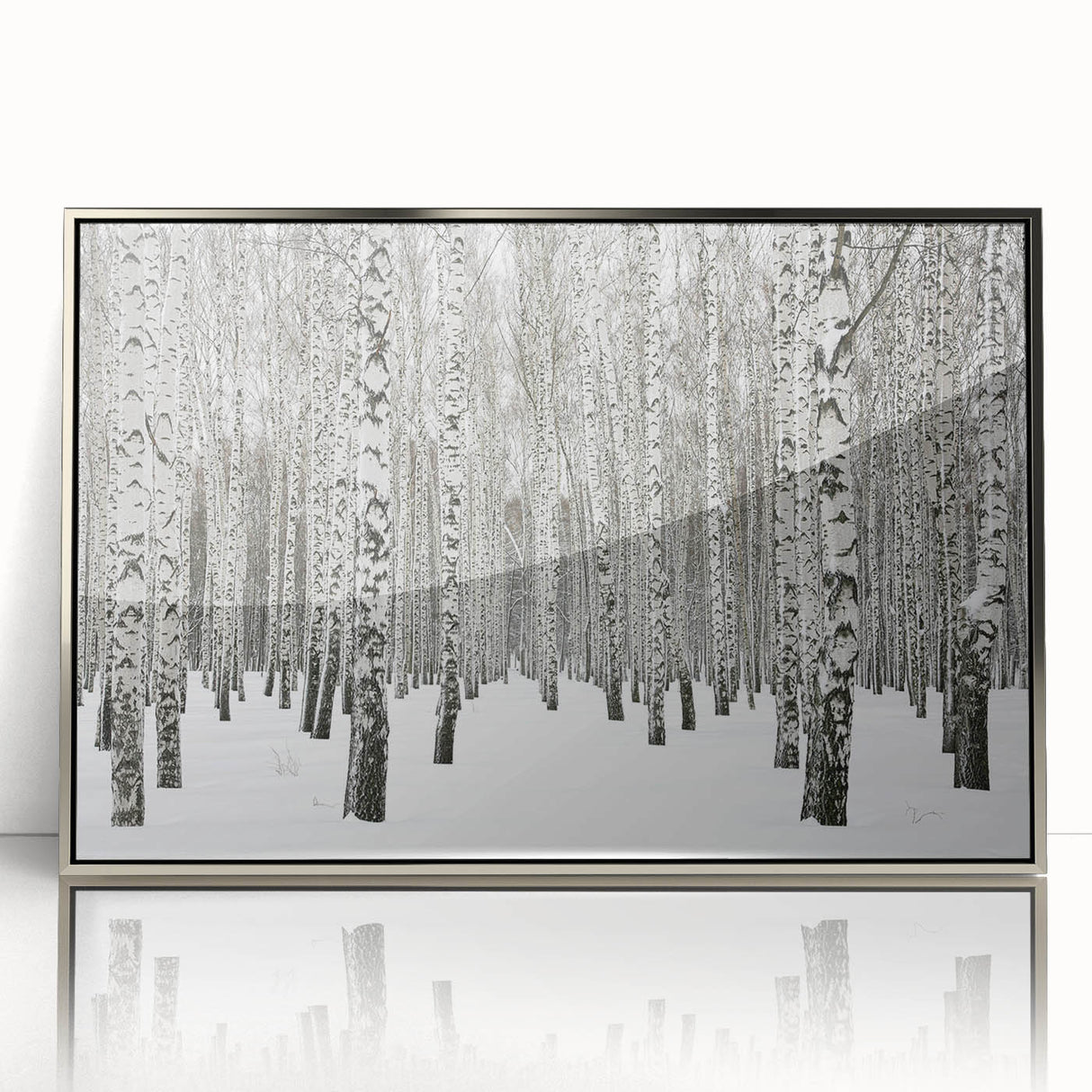 Framed wall art print showcasing a vibrant botanical forest design with colorful flowers and trees, set in a sleek silver frame, perfect for home decor.