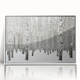 Framed wall art displaying a vibrant botanical forest design featuring various flowers and trees, set against a white background for a contemporary look.