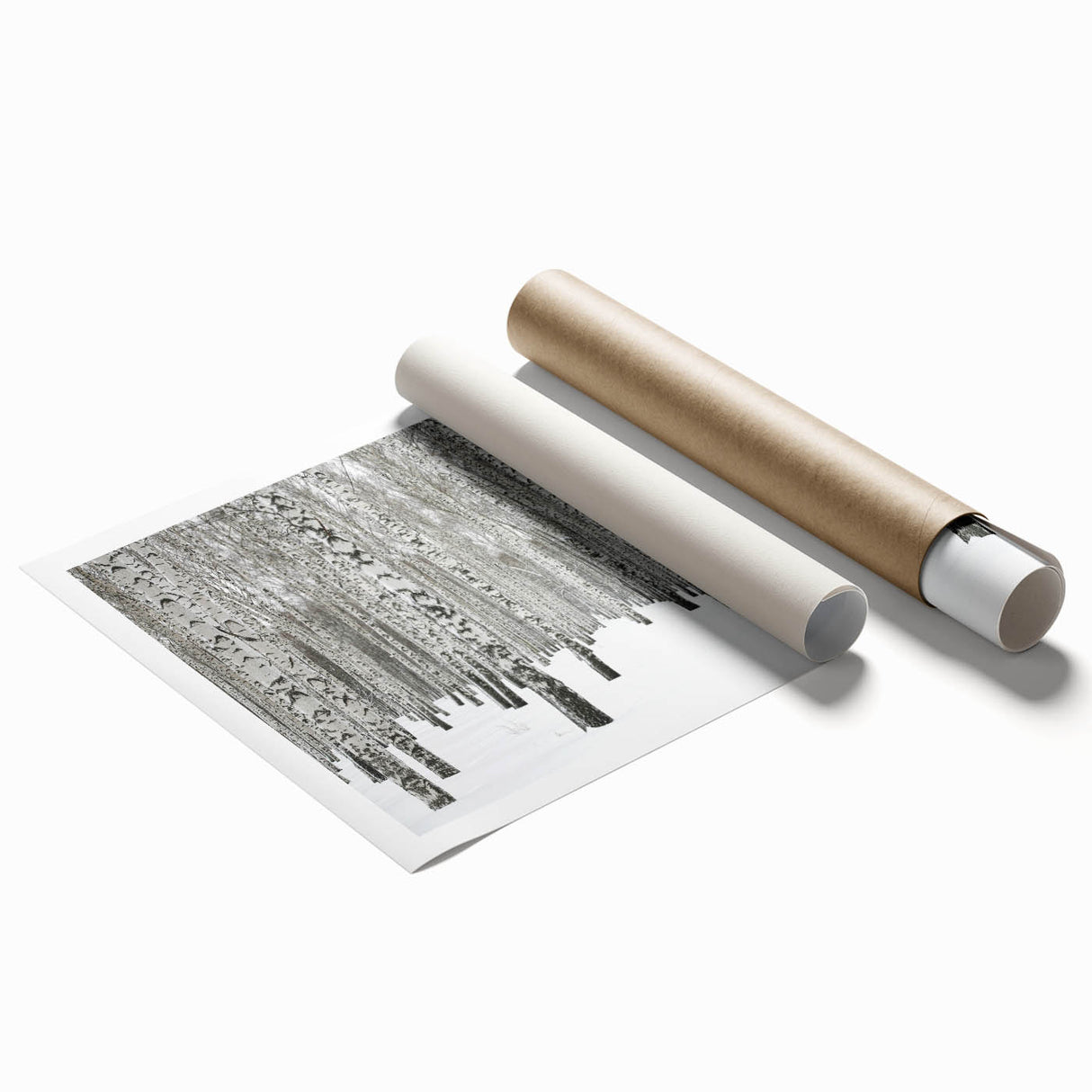 Botanical forest wall art print showcasing vibrant flowers and trees, designed for nature lovers, rolled and ready for framing in a protective tube.