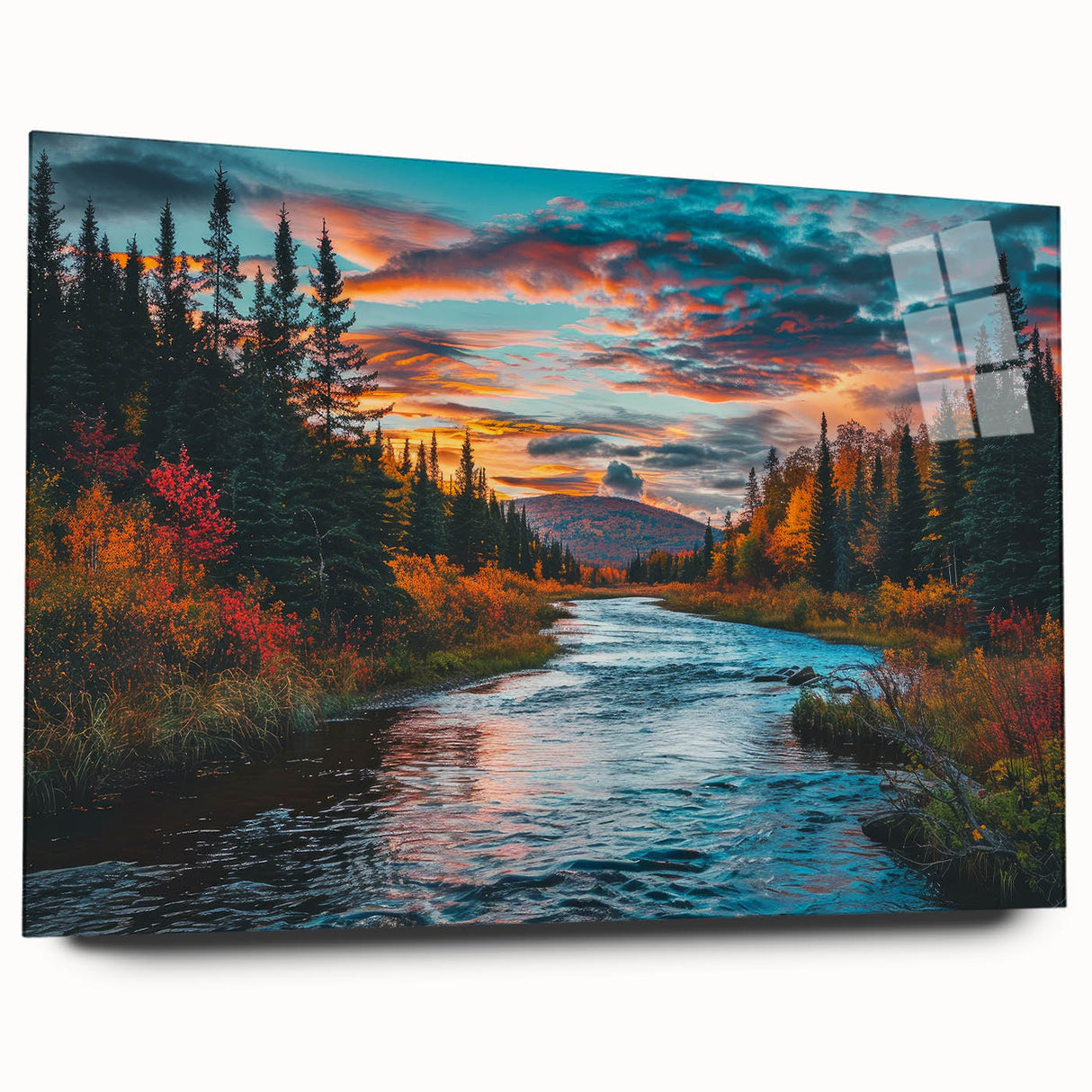 Botanical forest wall art collection showcasing vibrant flowers and trees in an acrylic glass frame, viewed from the side, perfect for nature-inspired decor.