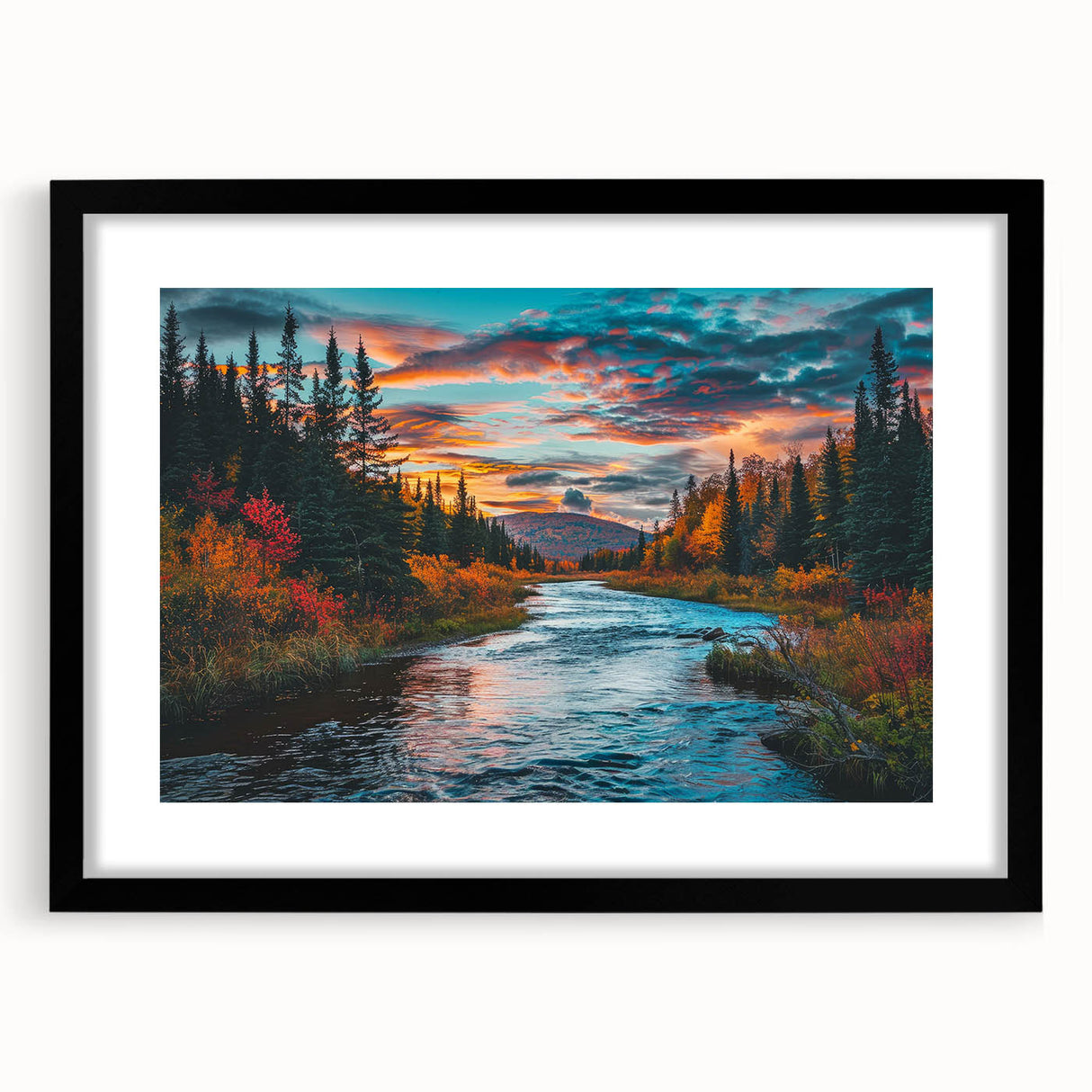 Framed botanical wall art showcasing a lush forest scene with vibrant flowers and trees, featuring a sleek black frame and mat, perfect for home decor enhancement.