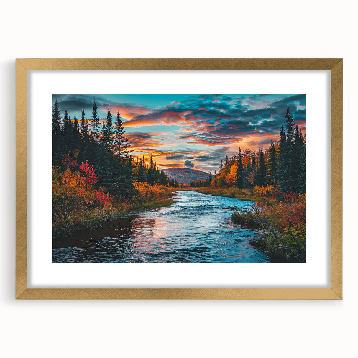 Framed botanical wall art featuring a vibrant forest design with colorful flowers and trees, encased in a gold frame with matting for an elegant display.