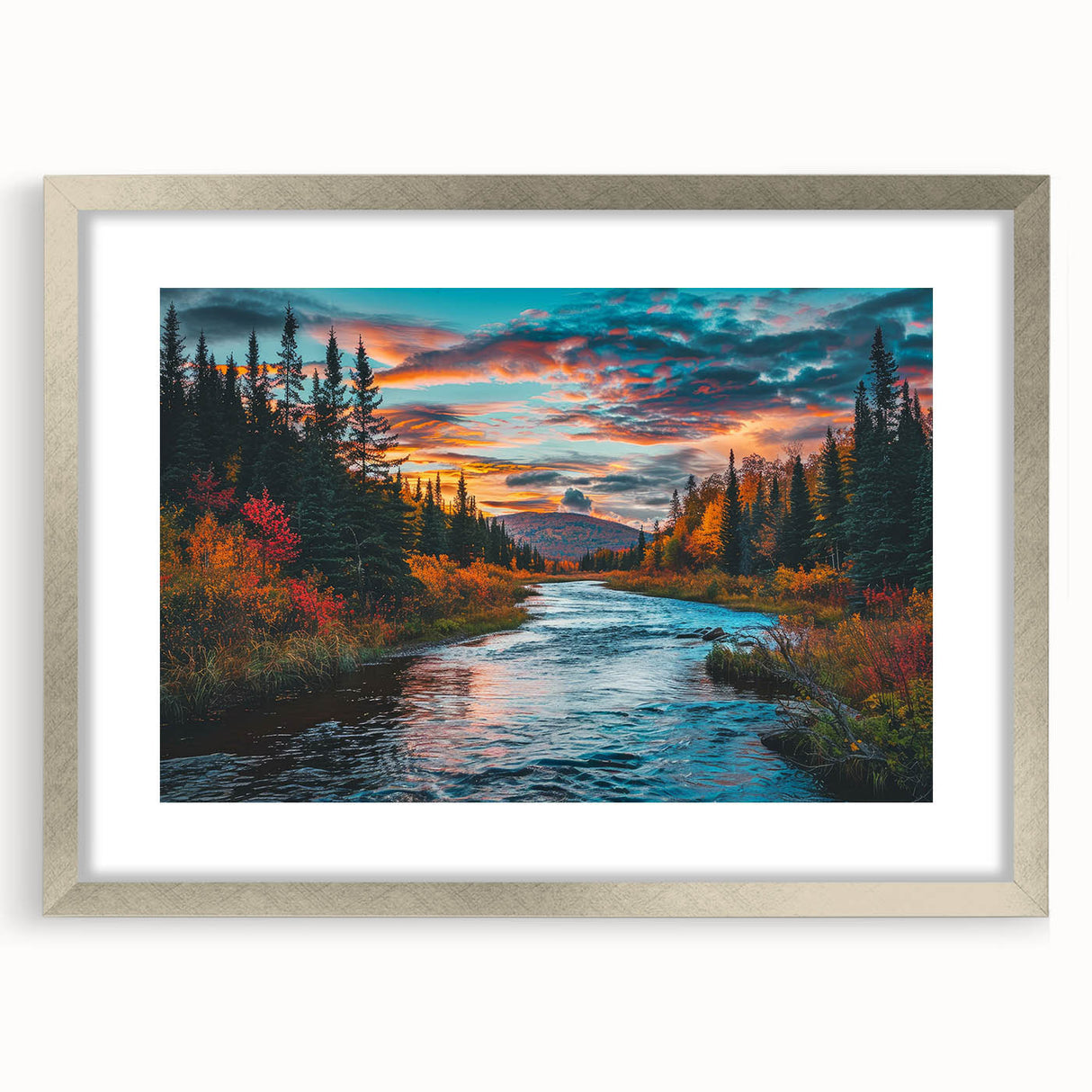 Botanical forest wall art design featuring vibrant flowers and trees, elegantly framed with a silver mat, perfect for enhancing interior decor.