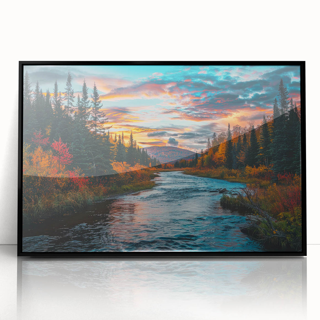 Framed wall art depicting a botanical forest design with vibrant flowers and trees, featuring a sleek black frame, ideal for home decor enhancement.