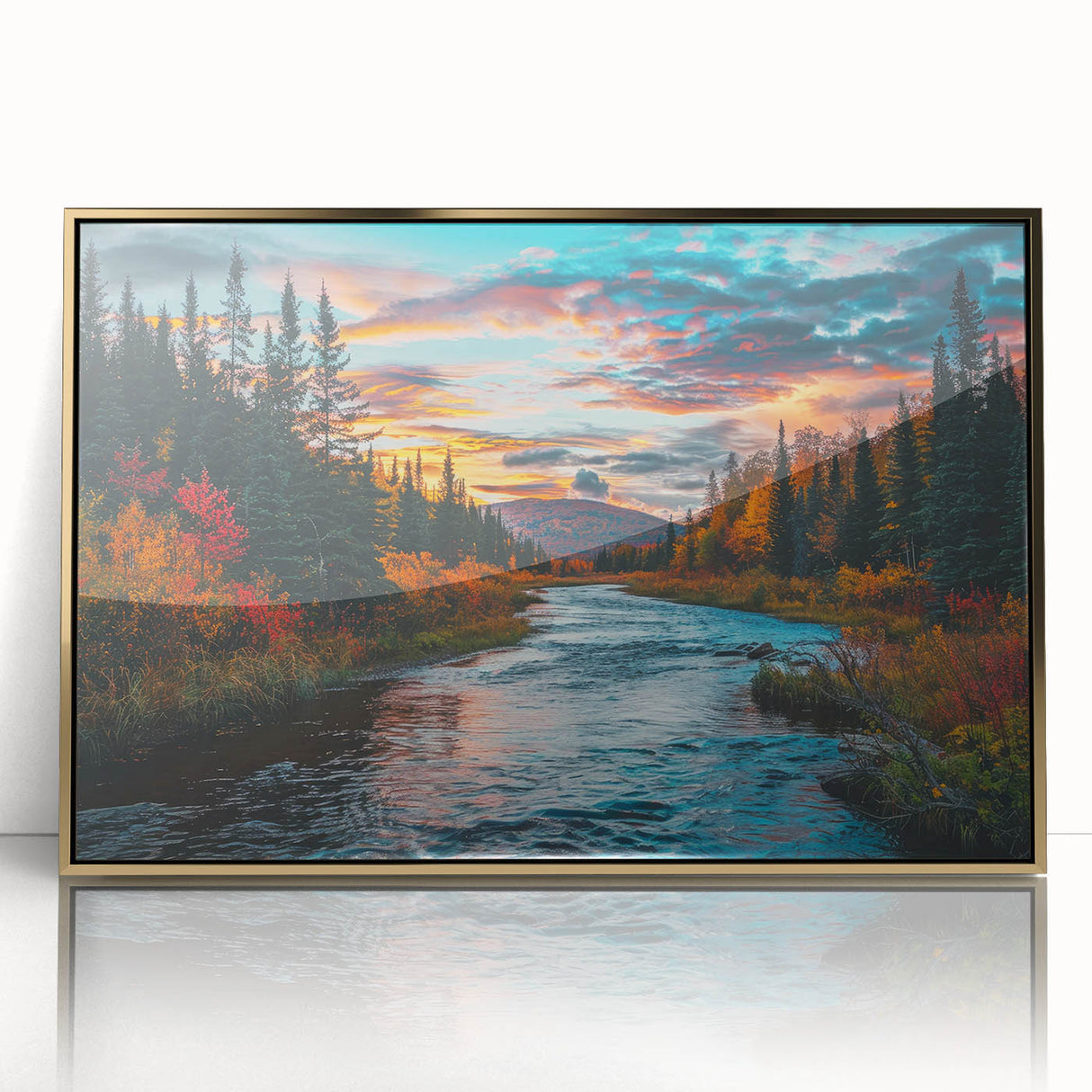 Framed wall art collection showcasing a botanical forest design with vibrant flowers and trees, accented by a gold frame, ideal for home decor.