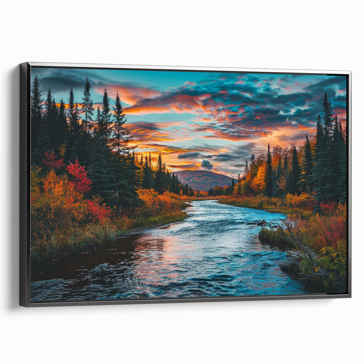 Framed wall art collection showcasing a botanical forest design with vibrant flowers and trees, presented in a sleek black frame, ideal for modern decor.