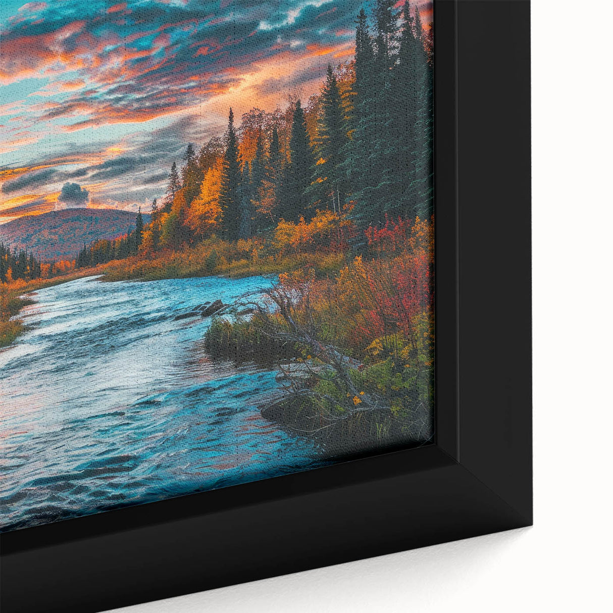 Framed close-up of a botanical forest design featuring vibrant flowers and trees, perfect for home decor, enhancing any space with nature-inspired artistry.