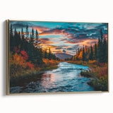 Framed canvas wall art depicting a vibrant botanical forest design with colorful flowers and trees, featuring a luxurious gold frame in a side view. Perfect for adding a touch of nature to home decor.