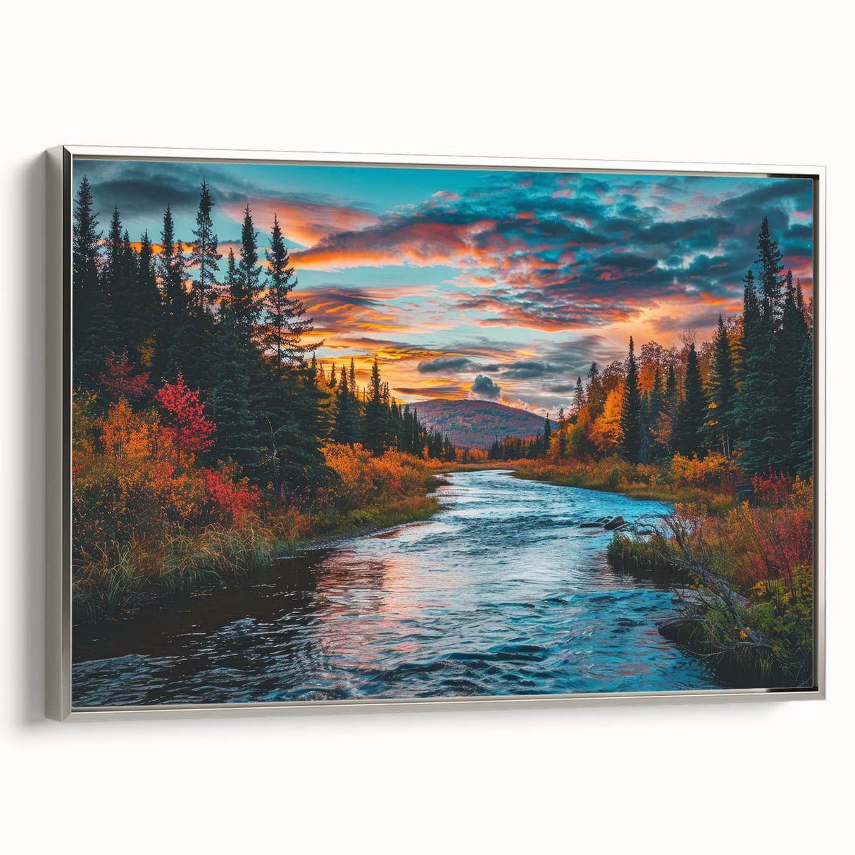 Framed wall art featuring a botanical forest design with colorful flowers and trees, presented in a stylish silver frame showcasing vibrant nature elements.