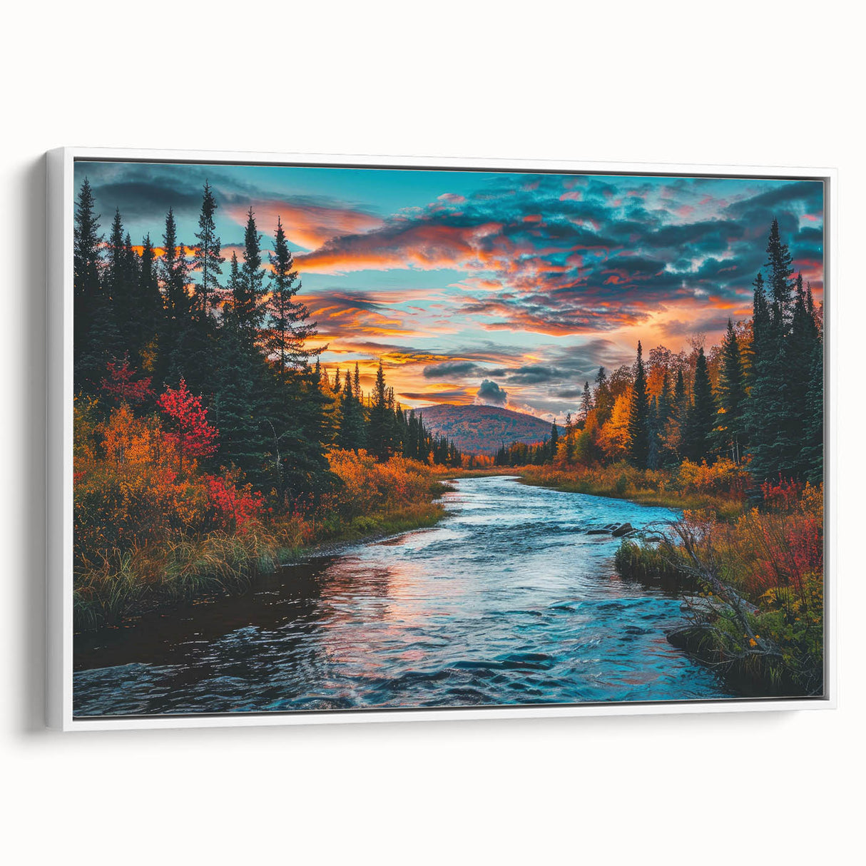Framed canvas wall art depicting a vibrant botanical design with colorful flowers and trees, perfect for modern home decor. Side view showcases the frame's white finish.