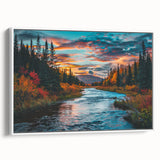 Framed canvas wall art depicting a vibrant botanical design with colorful flowers and trees, perfect for modern home decor. Side view showcases the frame's white finish.
