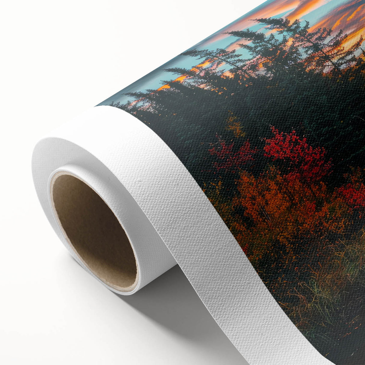 Botanical forest scene featuring vibrant flowers and trees, ideal for home decor; printed on rolled canvas, showcasing intricate details and rich colors.