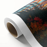 Botanical forest scene featuring vibrant flowers and trees, ideal for home decor; printed on rolled canvas, showcasing intricate details and rich colors.