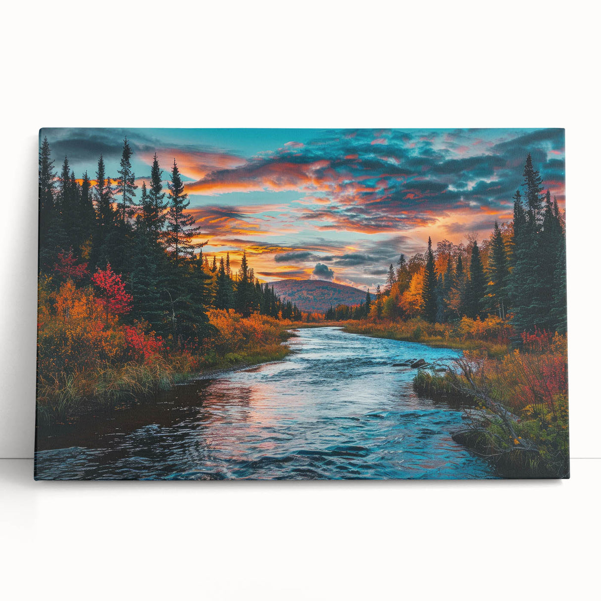 Botanical forest wall art featuring vibrant flowers and lush trees, printed on stretched canvas, ideal for enhancing home decor with nature-inspired aesthetics.
