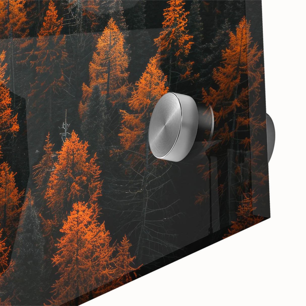 Close-up view of vibrant botanical wall art featuring a forest design with colorful flowers and trees, printed on acrylic glass for a modern home decor accent.