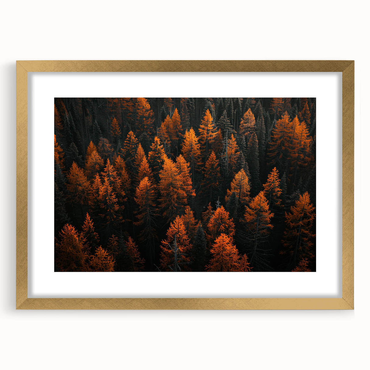 Framed wall art featuring a botanical forest design with flowers and trees, set in a gold frame with a mat, ideal for home decor enhancement.
