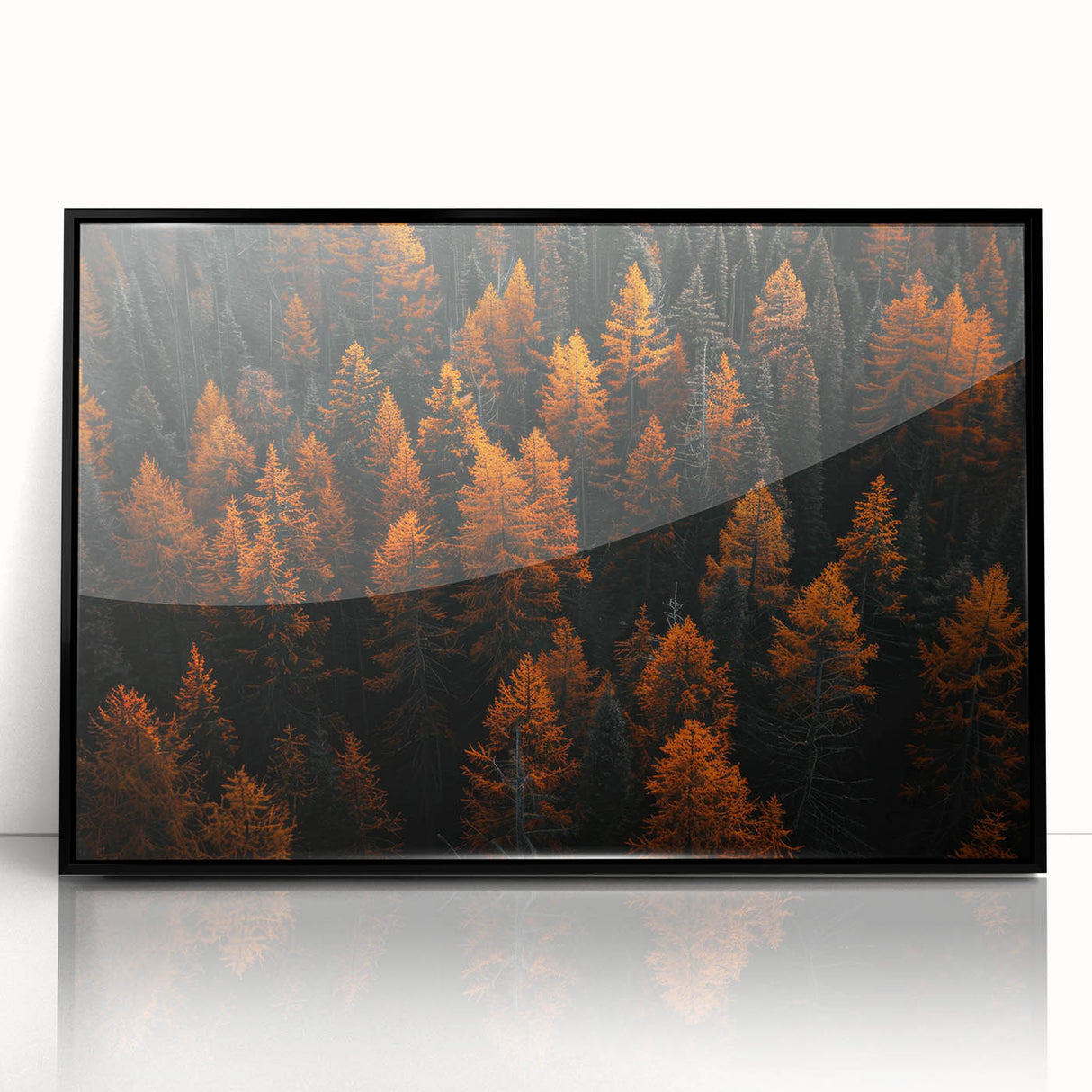 Framed wall art featuring a botanical forest design with vibrant flowers and trees, set in a sleek black frame, perfect for home decor enhancement.