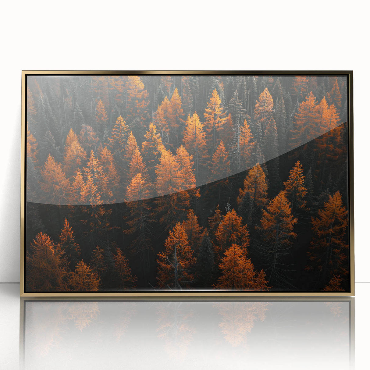 Framed wall art depicting a botanical forest scene with vibrant flowers and trees, featuring a sleek gold-acrylic frame, perfect for enhancing modern home decor.