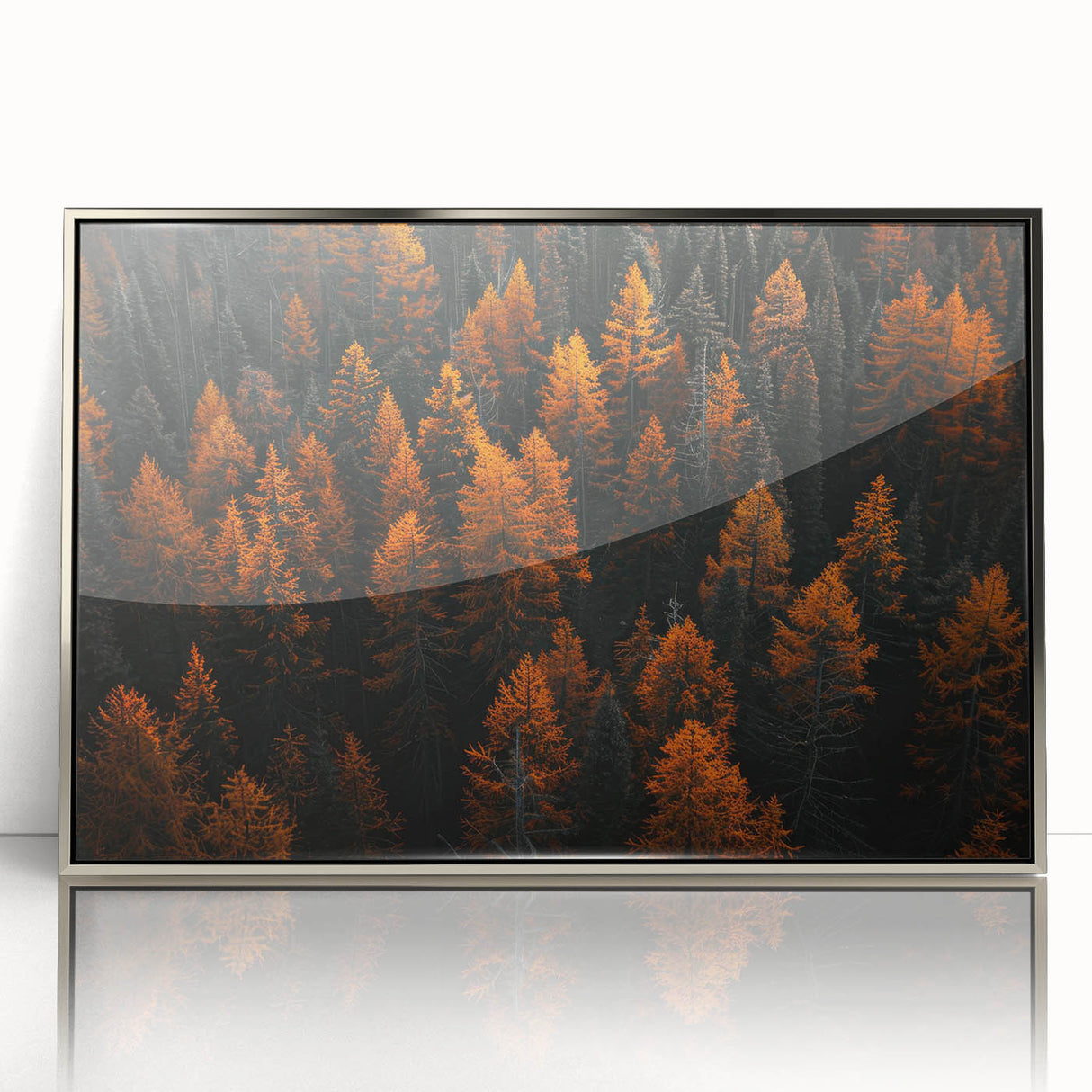 Framed wall art featuring a botanical forest design with colorful flowers and trees, presented in a sleek silver frame, ideal for nature-inspired decor.