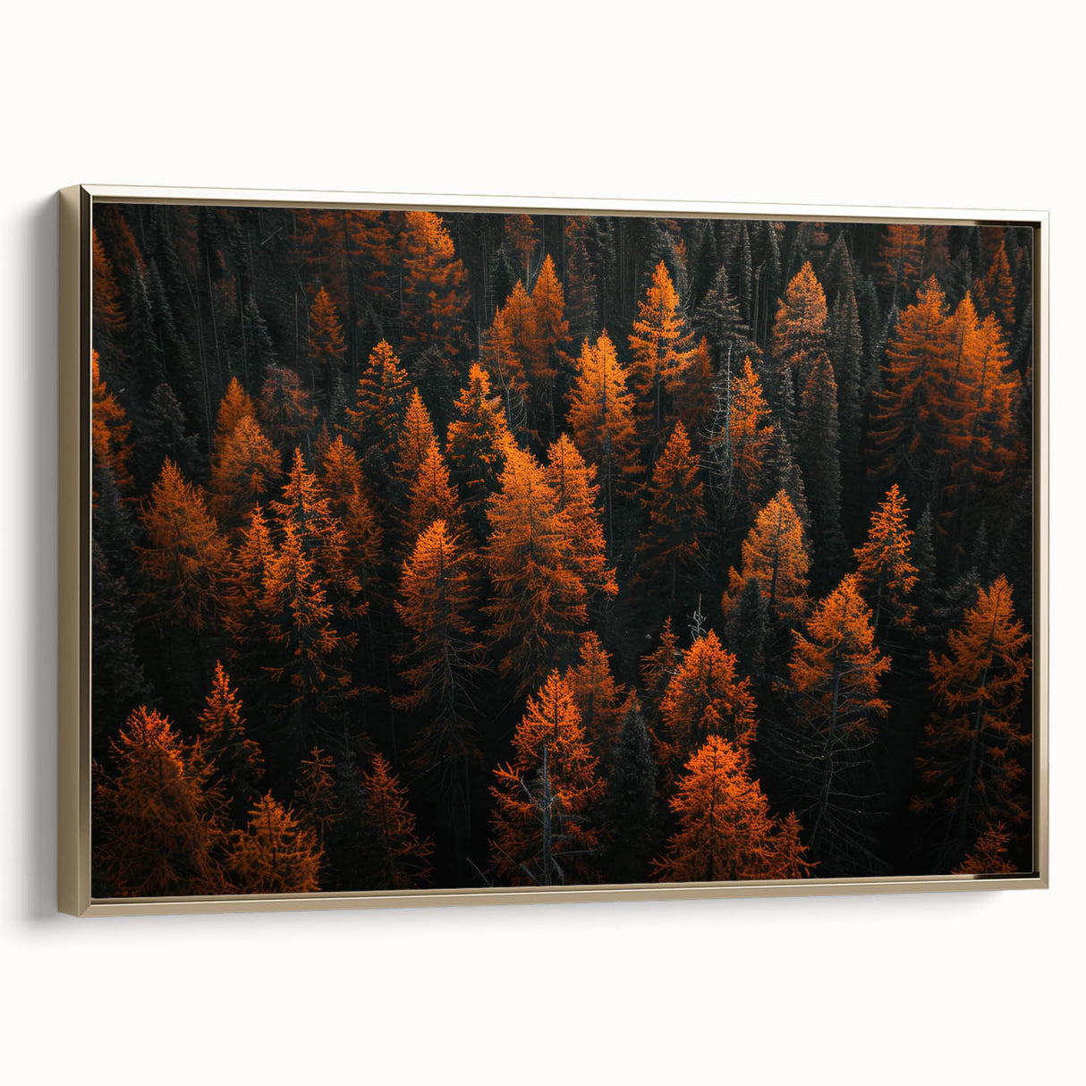 Framed wall art featuring a botanical forest design with vibrant flowers and trees, showcasing a gold border and side profile for decorative appeal.