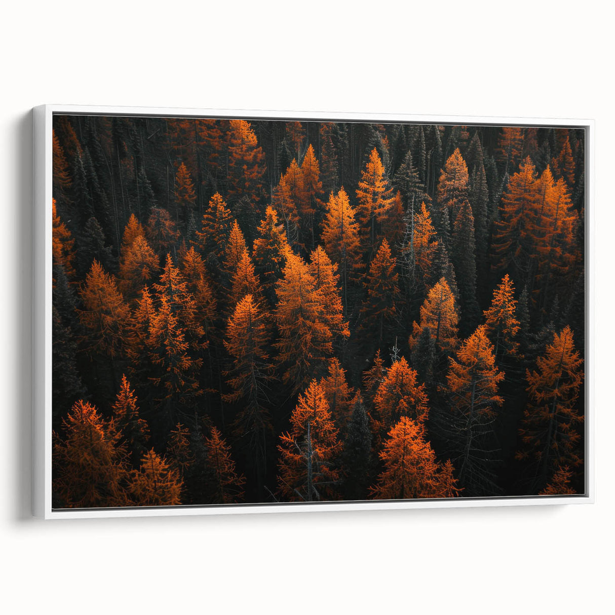 Framed canvas wall art featuring a botanical forest design with vibrant flowers and trees, showcasing a white frame from a side view, perfect for home decor.