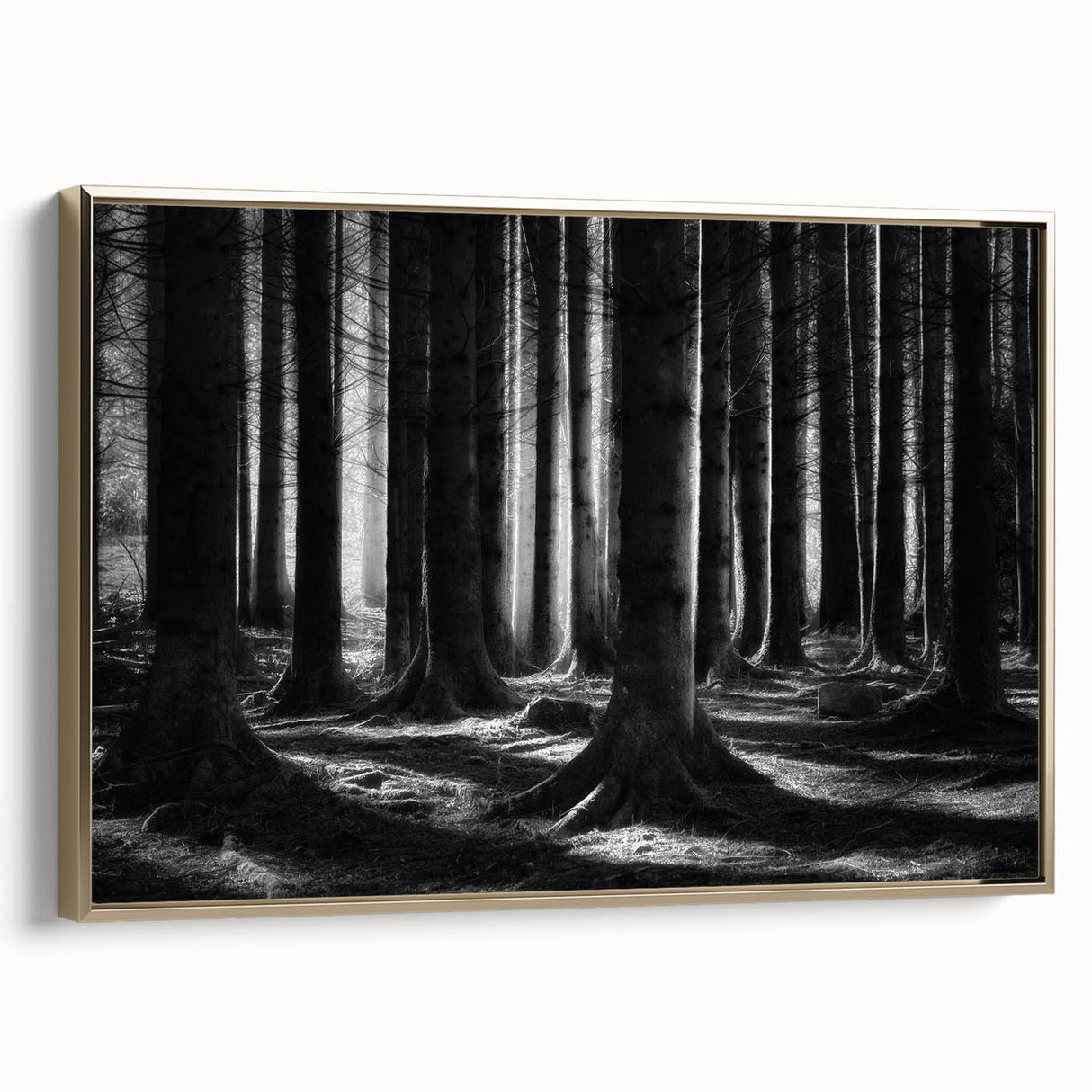 Framed canvas wall art showcasing a botanical forest design with vibrant flowers and trees, accented with a gold frame, ideal for enhancing home decor.