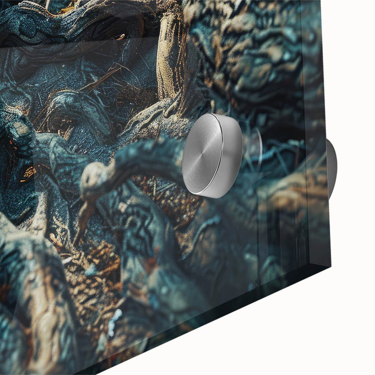 Close-up of a vibrant botanical wall art piece featuring intricate floral and tree designs, printed on acrylic glass, showcasing vivid colors and textures ideal for home decor.