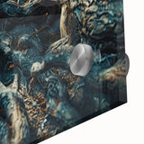 Close-up of a vibrant botanical wall art piece featuring intricate floral and tree designs, printed on acrylic glass, showcasing vivid colors and textures ideal for home decor.