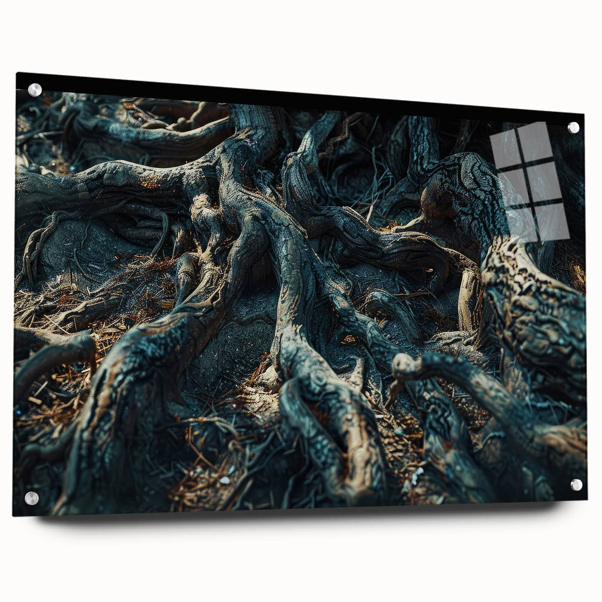 Acrylic glass wall art collection showcasing a botanical forest design with vibrant flowers and trees, displayed from a side view, highlighting its artistic details and sturdy pins. Perfect for enhancing interior decor with nature-inspired aesthetics.