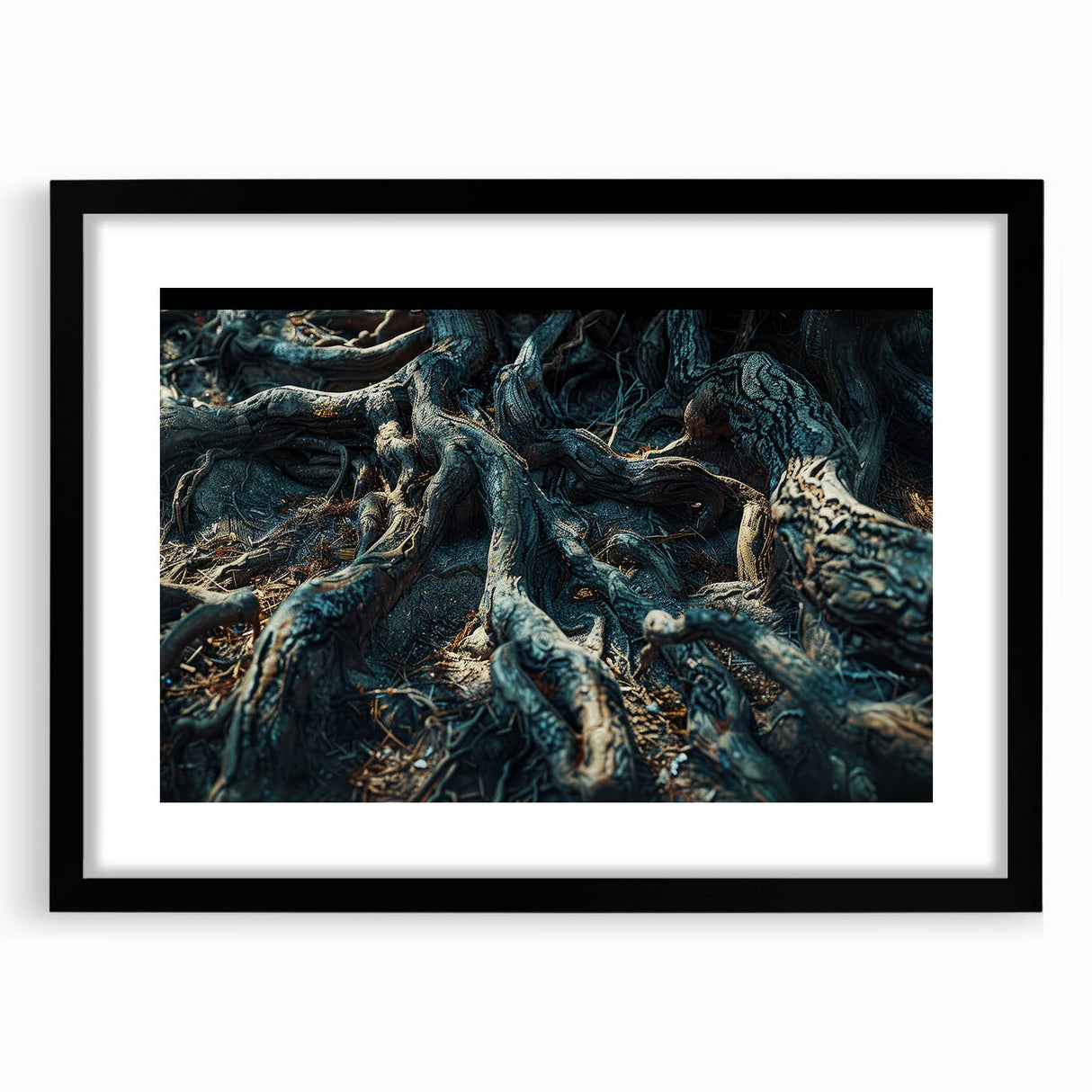 Framed botanical wall art featuring a forest design with vibrant flowers and trees, presented in a sleek black frame with a mat, ideal for home decor.