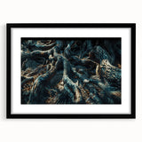 Framed botanical wall art featuring a forest design with vibrant flowers and trees, presented in a sleek black frame with a mat, ideal for home decor.