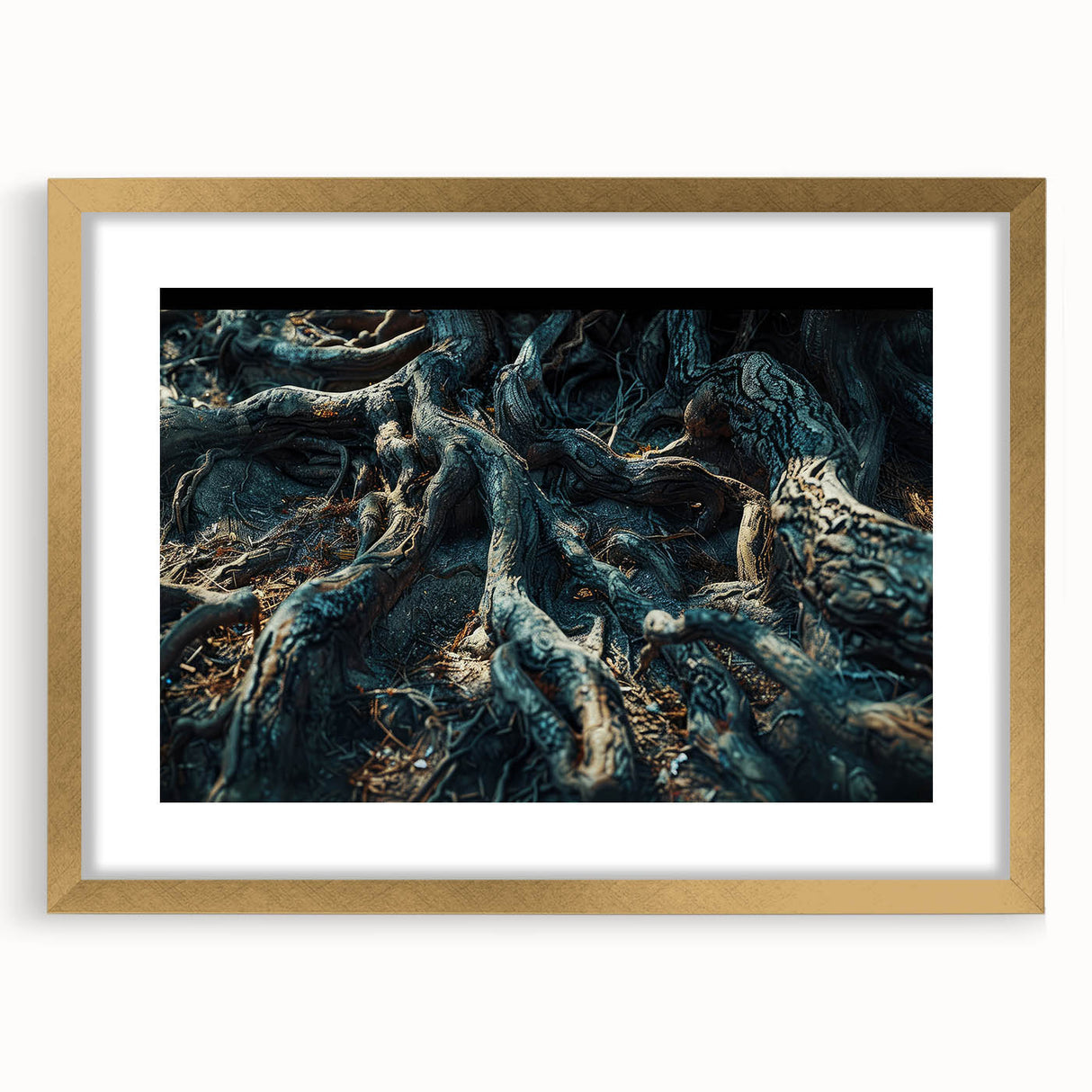 Botanical forest-themed wall art collection featuring intricate floral and tree designs in a gold frame with a mat, enhancing any interior decor.