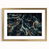 Botanical forest-themed wall art collection featuring intricate floral and tree designs in a gold frame with a mat, enhancing any interior decor.