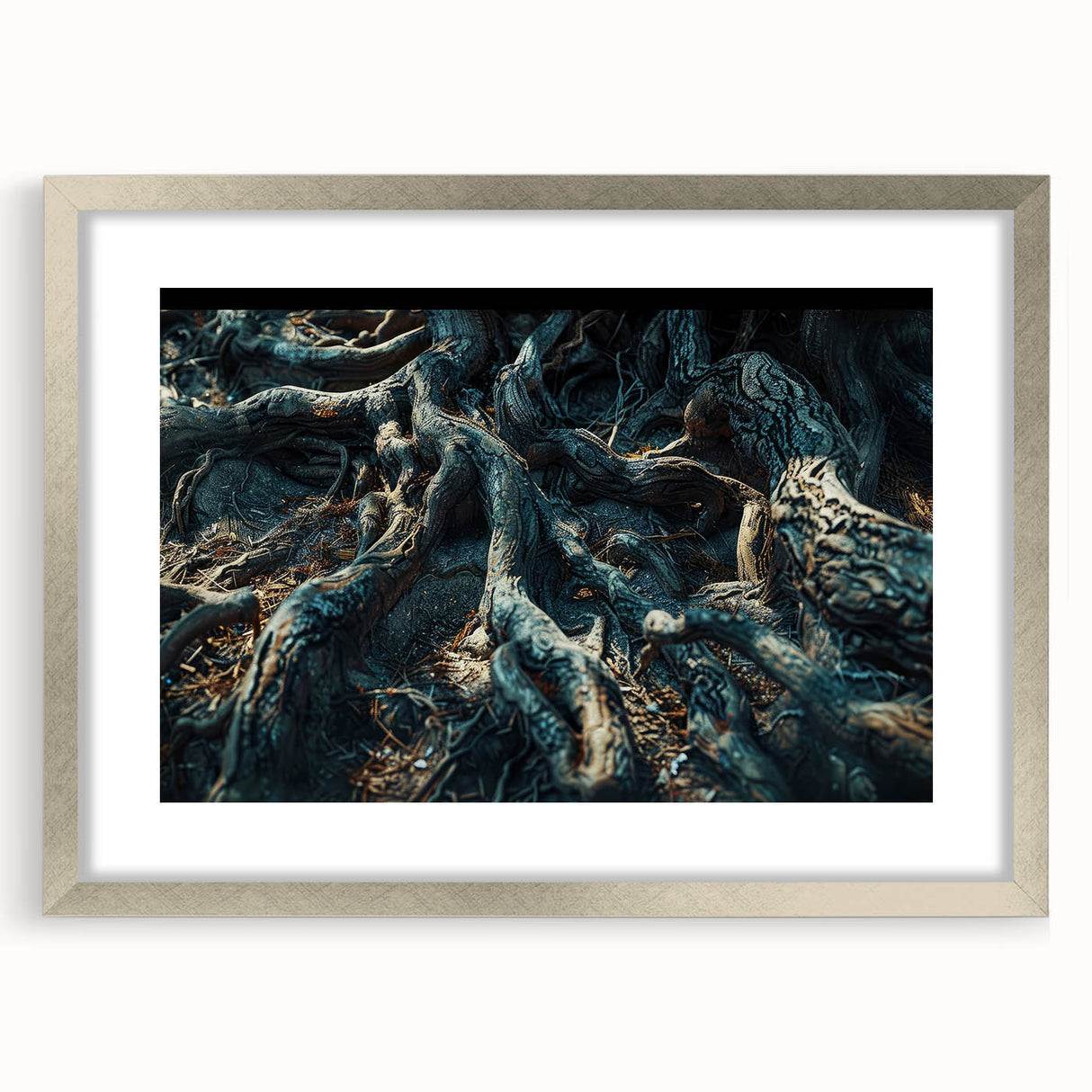Framed botanical wall art collection showcasing a forest of colorful flowers and trees, featuring a silver frame and mat for an elegant display.