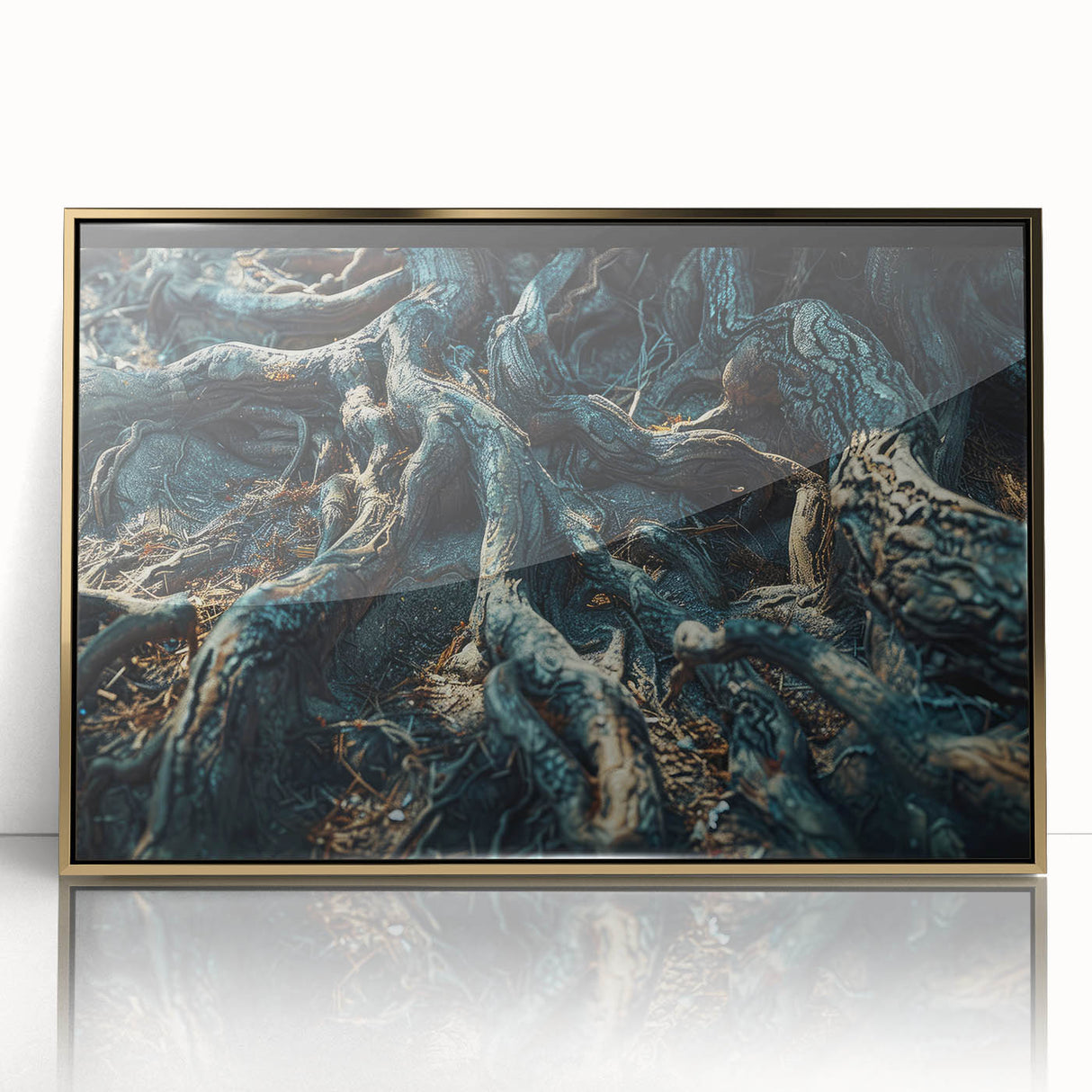 Framed wall art collection showcasing a botanical forest design with vibrant flowers and trees in gold-accented acrylic, perfect for home decor.