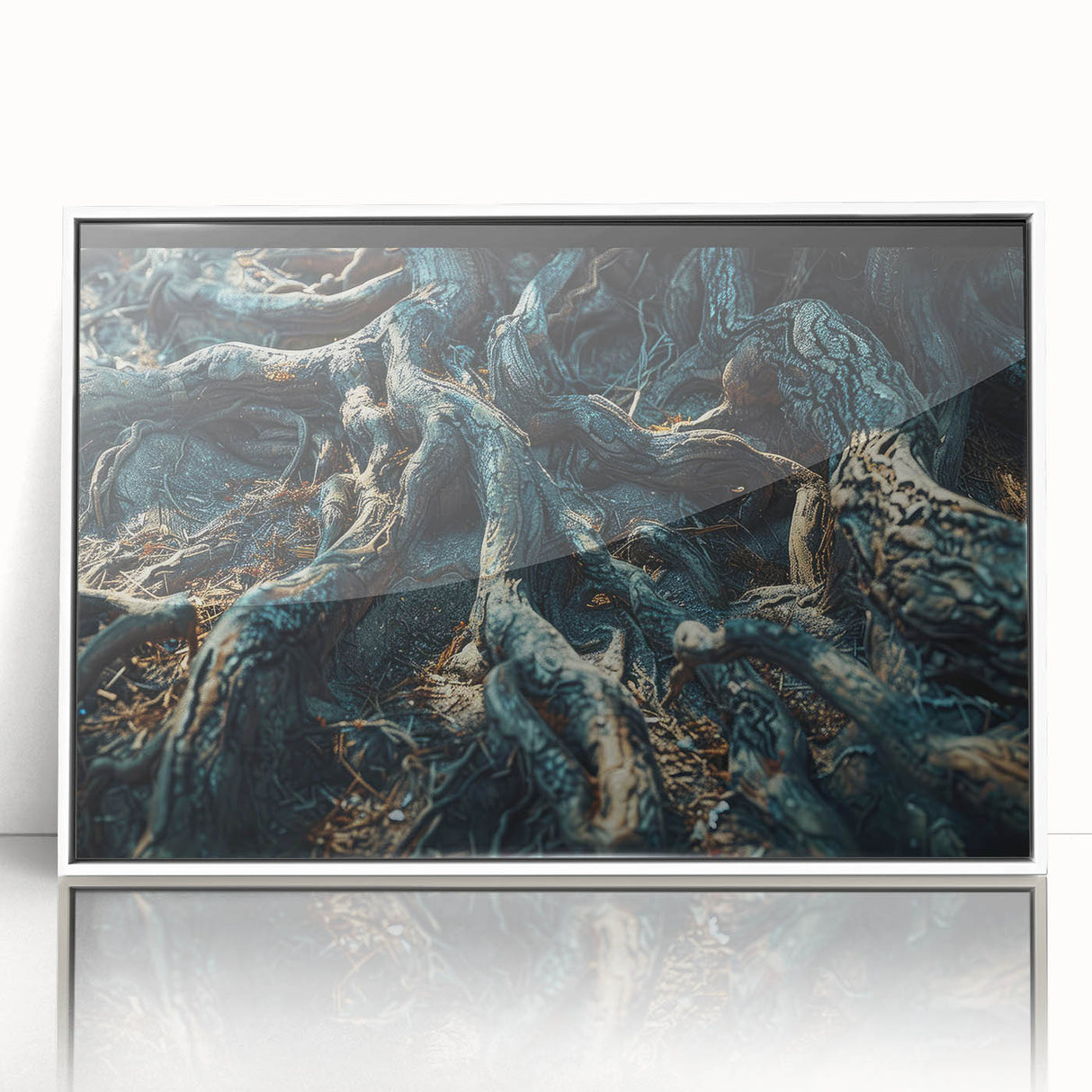 Framed wall art featuring a botanical forest design with vibrant flowers and trees, set in a sleek white frame that enhances any modern decor. Perfect for nature lovers and home styling.