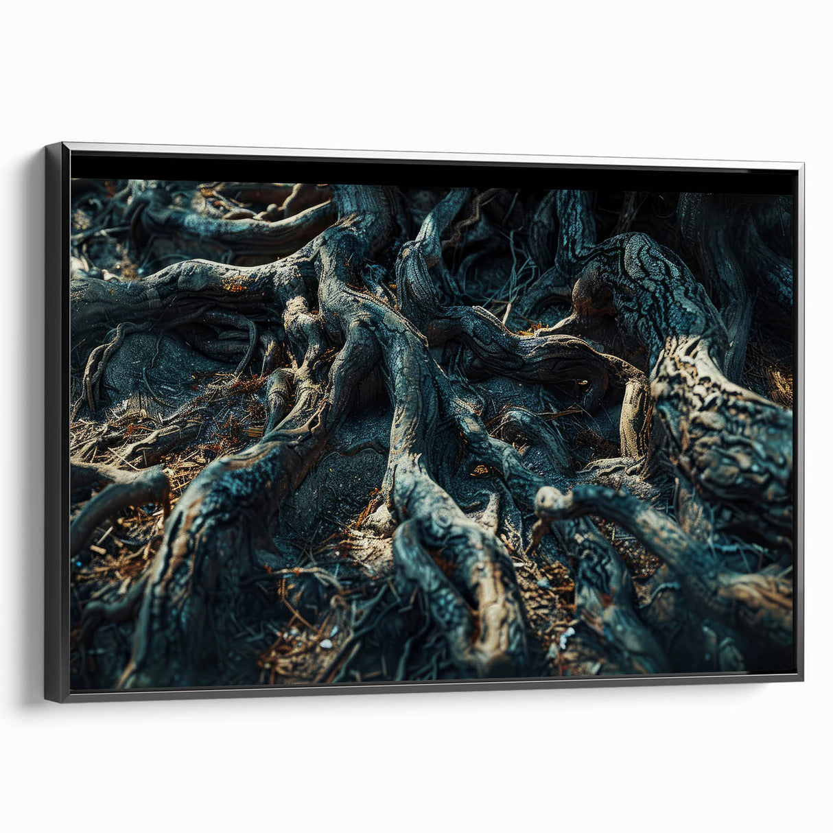 Framed botanical wall art featuring a vibrant forest design with colorful flowers and trees, displayed from the side against a neutral background for a modern decor aesthetic.