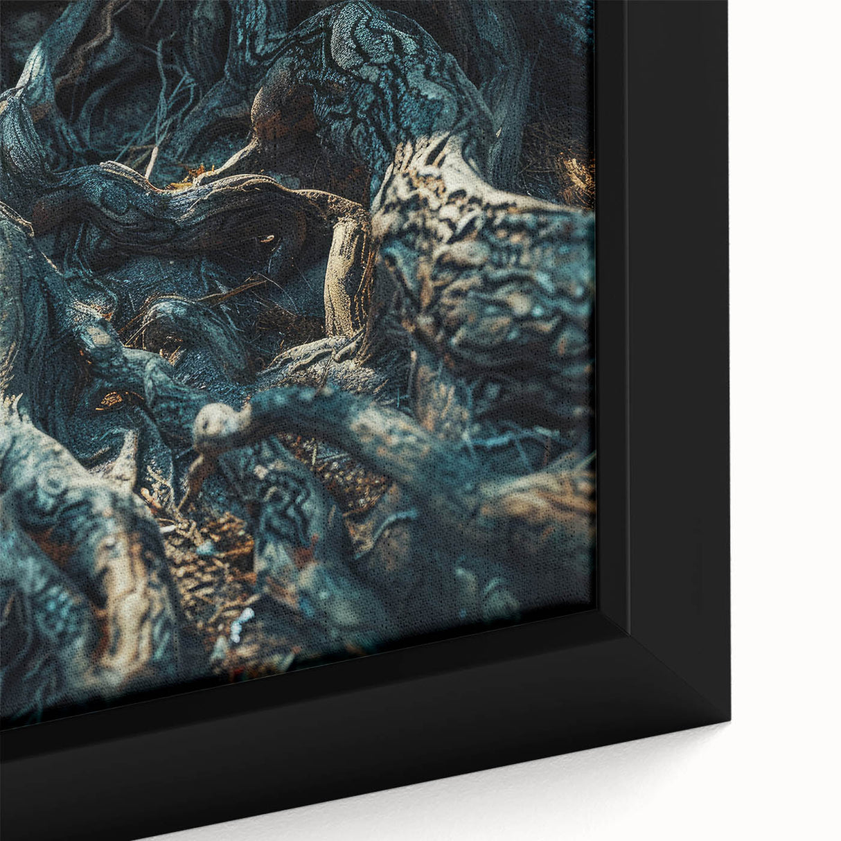 Framed canvas wall art featuring a close-up of vibrant botanical forest trees design with intricate details, showcasing rich greens and earthy tones for a natural aesthetic.