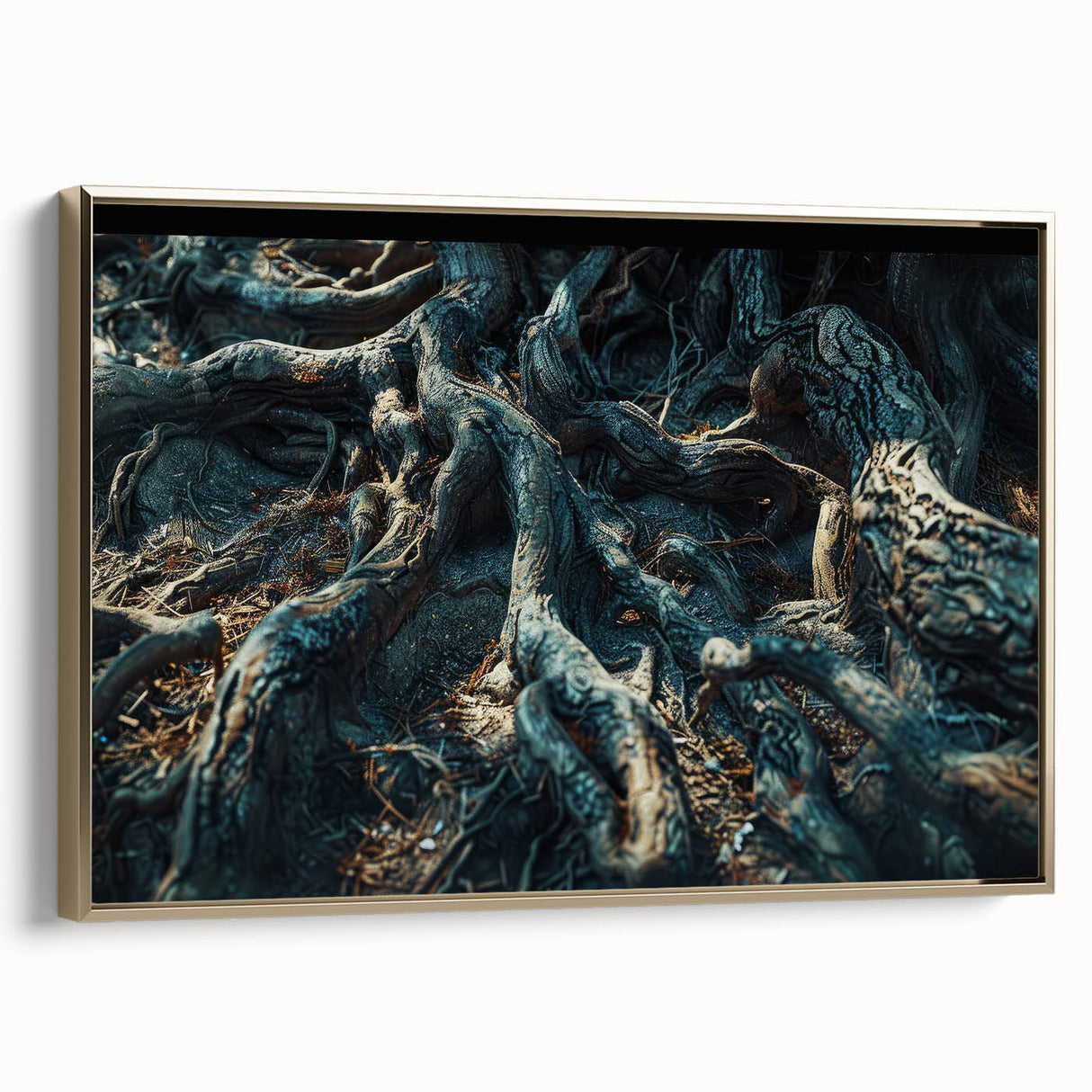 Framed wall art collection showcasing a botanical forest design featuring colorful flowers and trees, elegantly presented with a gold frame, ideal for home decor.