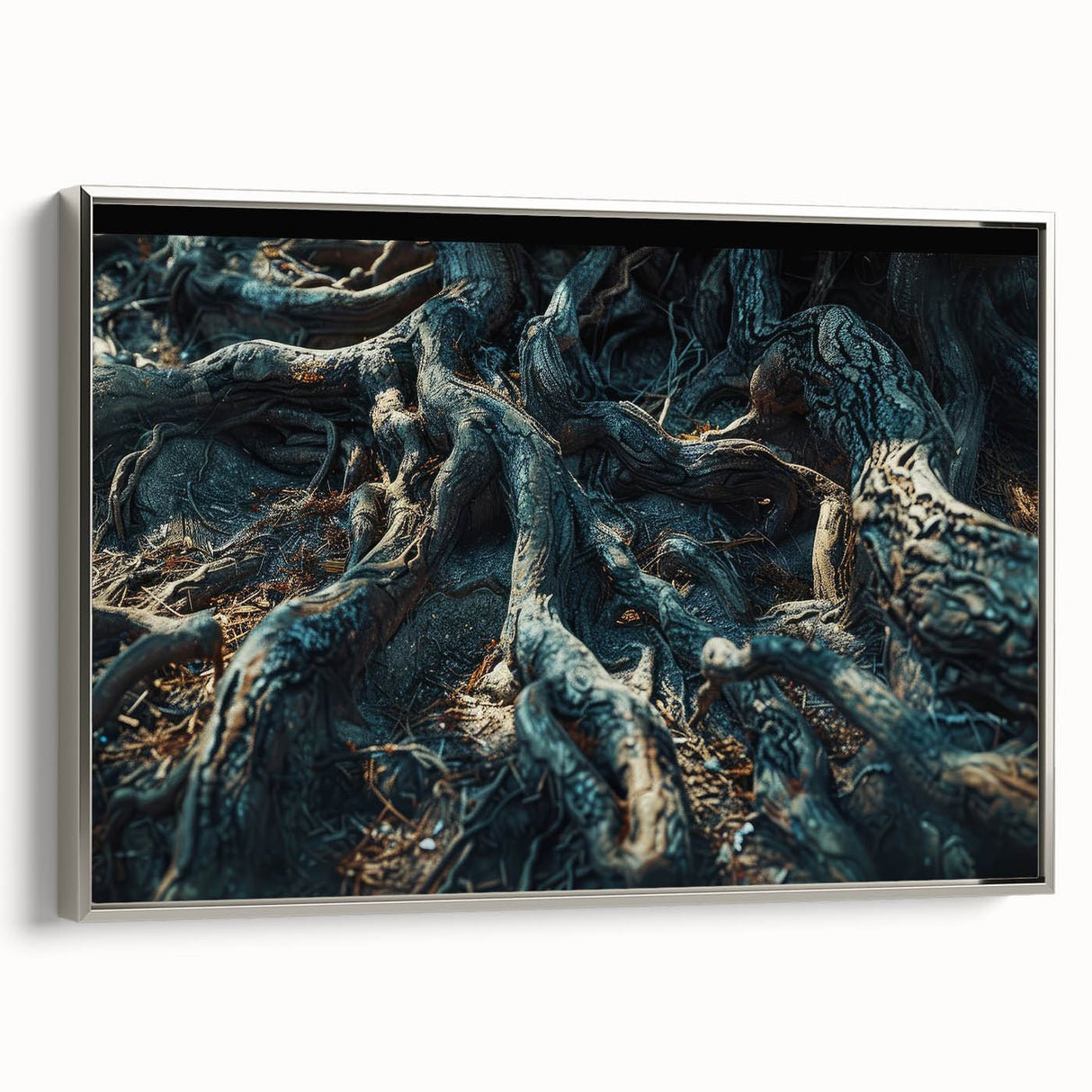 Framed wall art collection showcasing a botanical forest design with vibrant flowers and trees, featuring a sleek silver frame from a side view, perfect for nature-inspired decor.