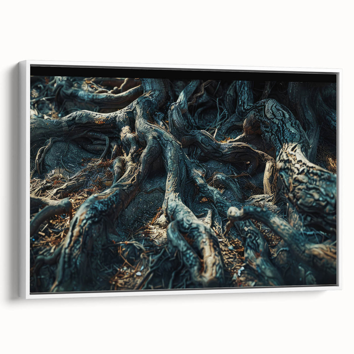 Framed canvas wall art featuring a botanical forest design with vibrant flowers and trees, displayed against a white background, ideal for home decor.
