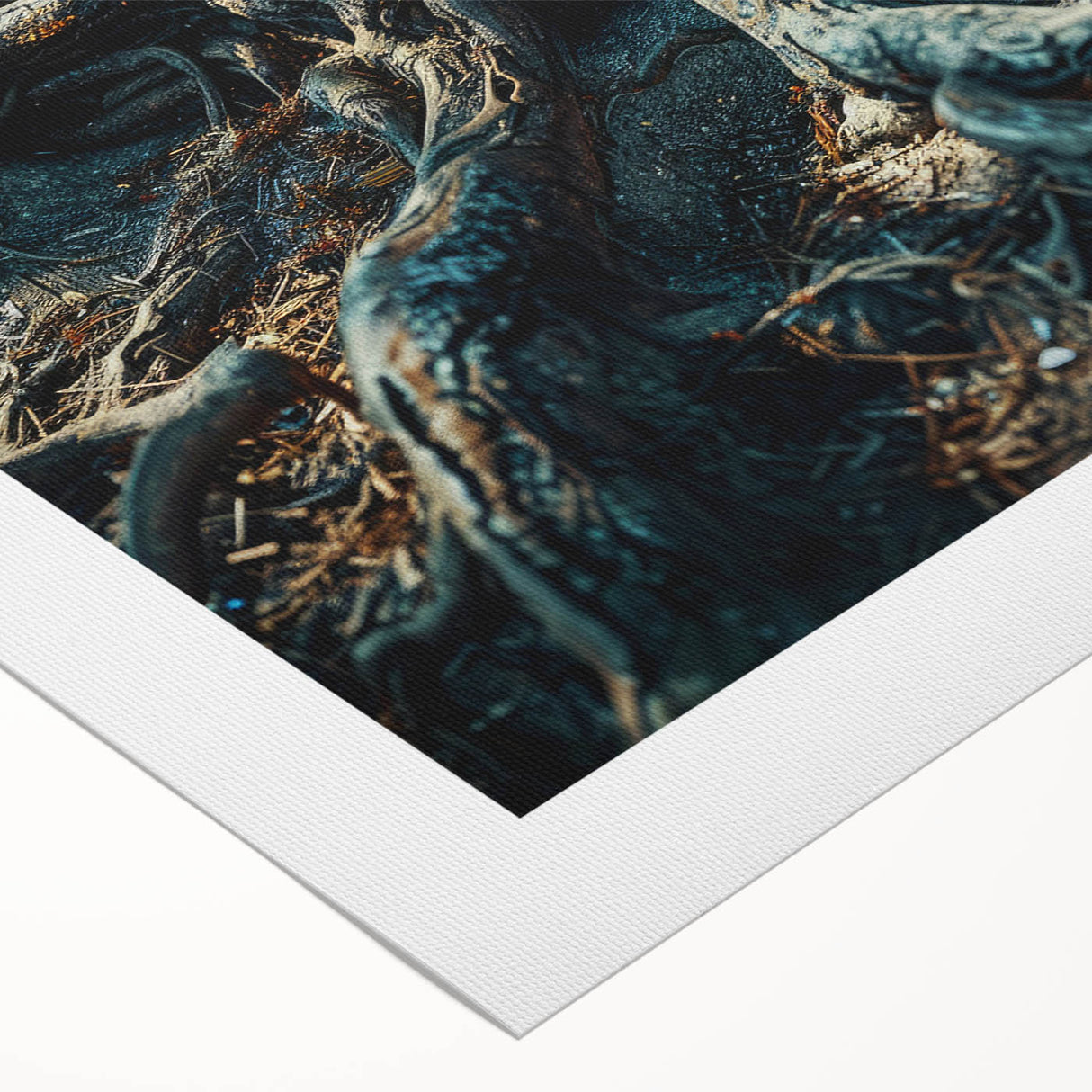 Botanical forest wall art design on rolled canvas, showcasing vibrant flowers and trees in a lush, colorful scene, perfect for home decor and nature enthusiasts.