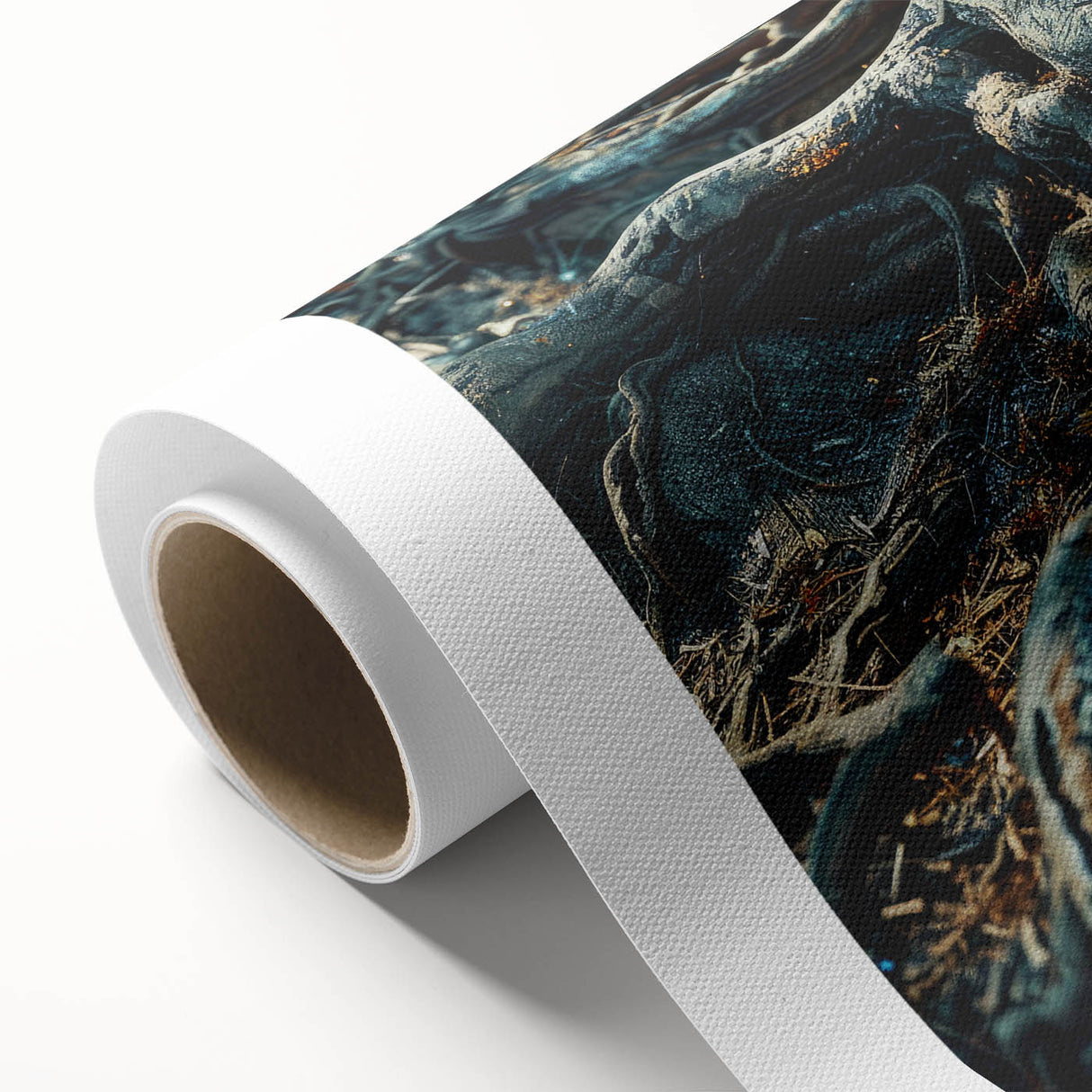 Vibrant rolled canvas depicting a botanical forest design featuring lush green trees and colorful flowers, perfect for enhancing home decor with nature-inspired art.